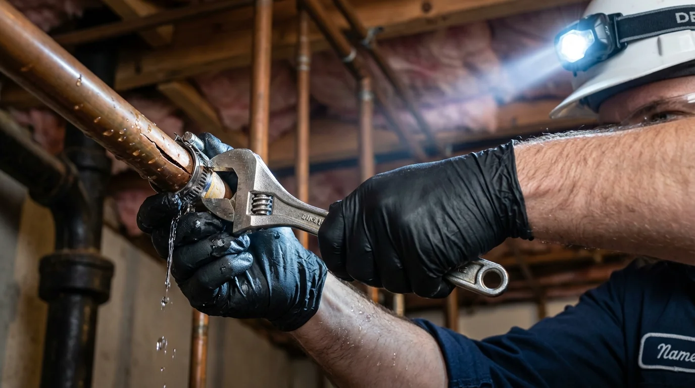 Emergency pipe clamp repair being performed by a Johns Plumbing LLC plumber in Manti