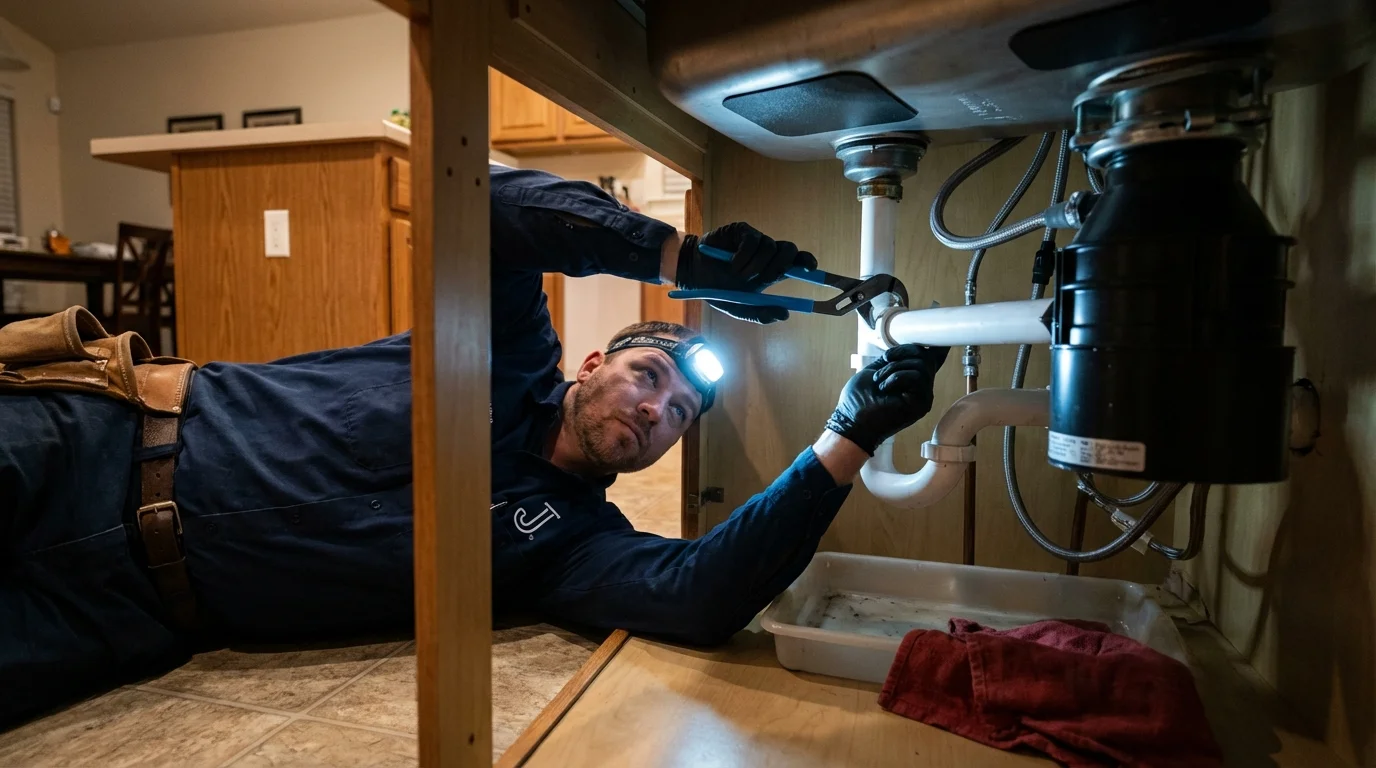 P-trap and supply line connections under a kitchen sink showing a common leak point in Manti, UT